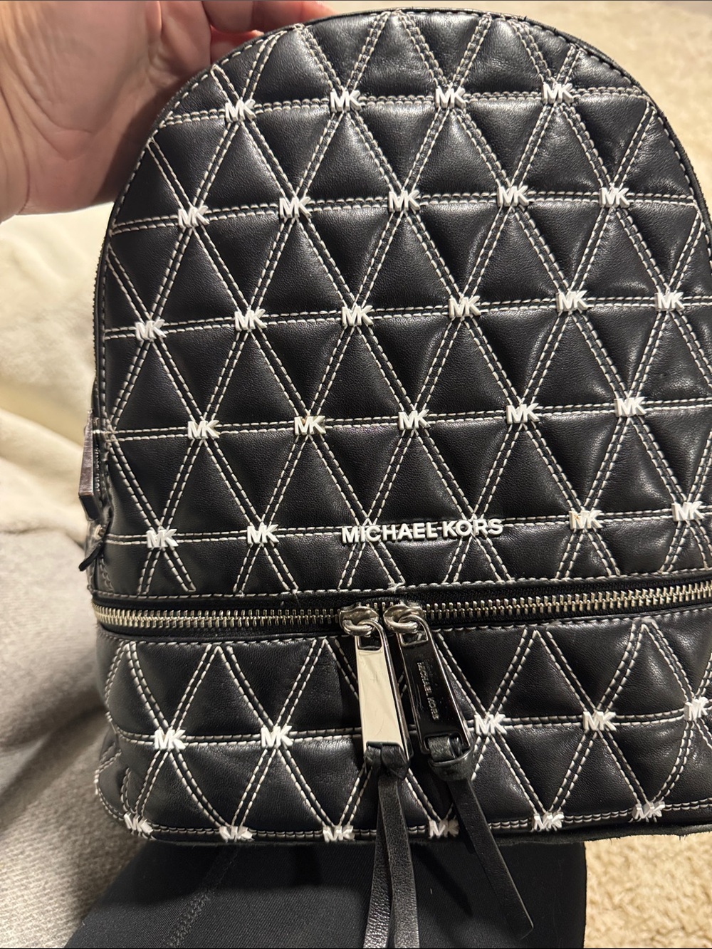 Michael Kors Black Quilted Mini Backpack with White Stitching